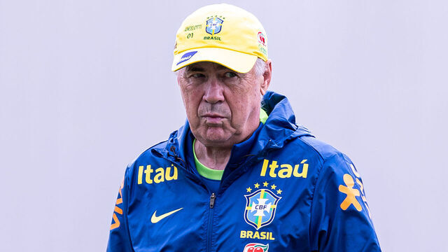 SAO PAULO, BRAZIL - JUNE 8: Head Coach of Brazil Carlo Ancelotti looks on during a training session on June 8, 2025 in Sao Paulo, Brazil.