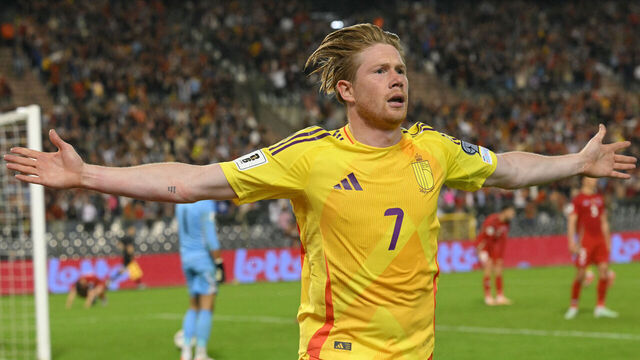 Belgium's midfielder #07 Kevin De Bruyne celebrates after scoring Belgium's fourth goal during the FIFA World Cup 2026 Group J European qualification football match between Belgium and Wales at the King Baudouin Stadium in Brussels, on June 9, 2025.