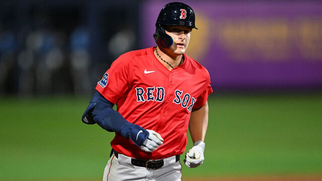 PORT CHARLOTTE, FLORIDA - MARCH 13, 2025: Roman Anthony #48 of the Boston Red Sox runs the bases after hitting a solo home run during the fifth inning of a spring training Spring Breakout game against the Tampa Bay Rays at Charlotte Sports Complex on March 13, 2025 in Port Charlotte, Florida.