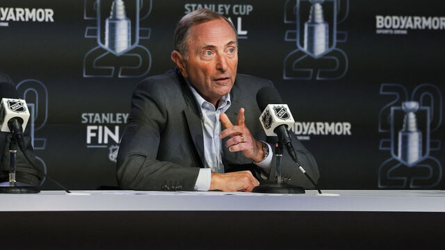 EDMONTON, CANADA - JUNE 04: NHL commissioner Gary Bettman speaks to the media prior to Game One of the 2025 Stanley Cup Final between the Florida Panthers and the Edmonton Oilers at Rogers Place on June 04, 2025 in Edmonton, Alberta, Canada.