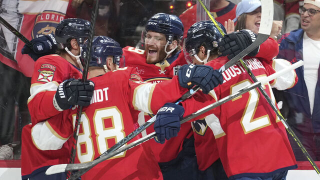 SUNRISE, FL - JUNE 09: Florida Panthers left wing Matthew Tkachuk (19) and teammates celebrates a goal in the second period and 4-1 lead during game three of the Stanley Cup Finals between the Edmonton Oilers and the Florida Panthers on June 9, 2025 at Amerant Bank Arena, FL.