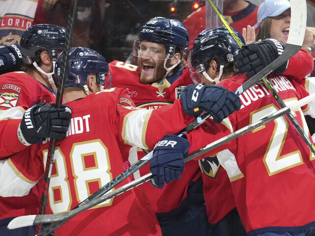 SUNRISE, FL - JUNE 09: Florida Panthers left wing Matthew Tkachuk (19) and teammates celebrates a goal in the second period and 4-1 lead during game three of the Stanley Cup Finals between the Edmonton Oilers and the Florida Panthers on June 9, 2025 at Amerant Bank Arena, FL.