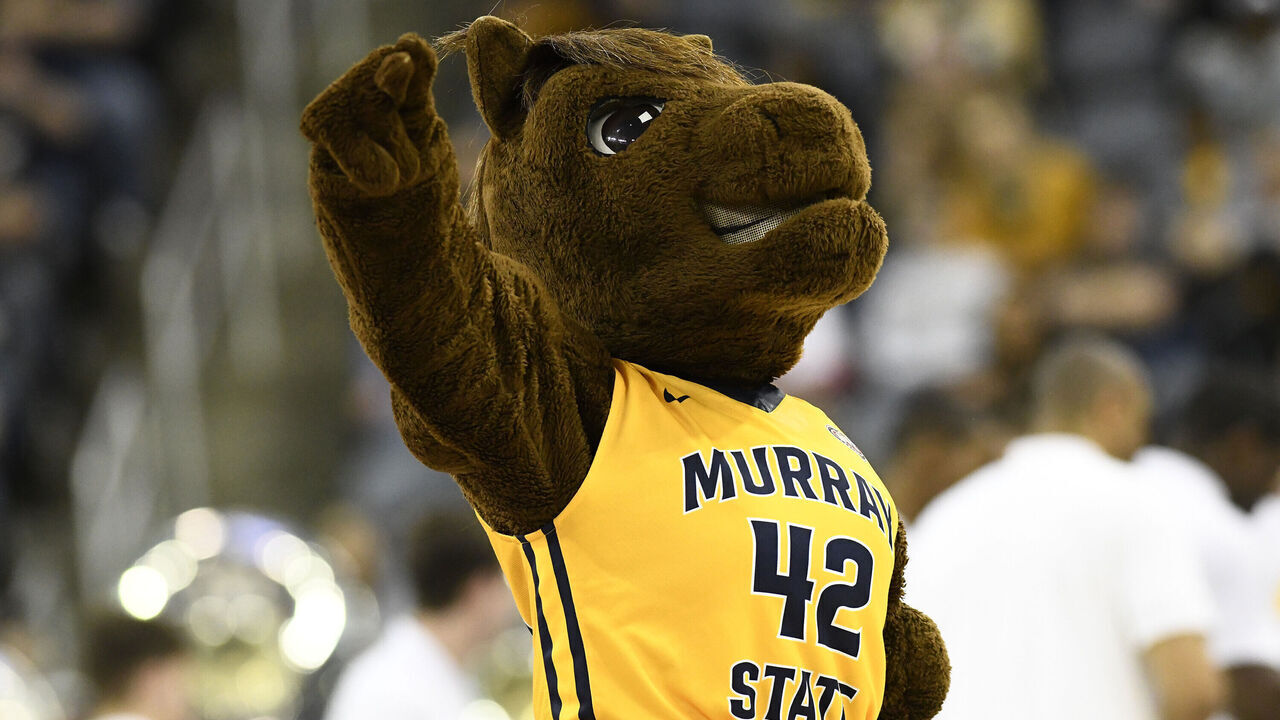 EVANSVILLE, IN - MARCH 05: Dunker (42) mascot Murray State University Racers waves from the floor during the Ohio Valley Conference (OVC) Tournament Championship game against the Morehead State University Eagles, Saturday, March 5, 2022, at Ford Center in Evansville, Indiana.