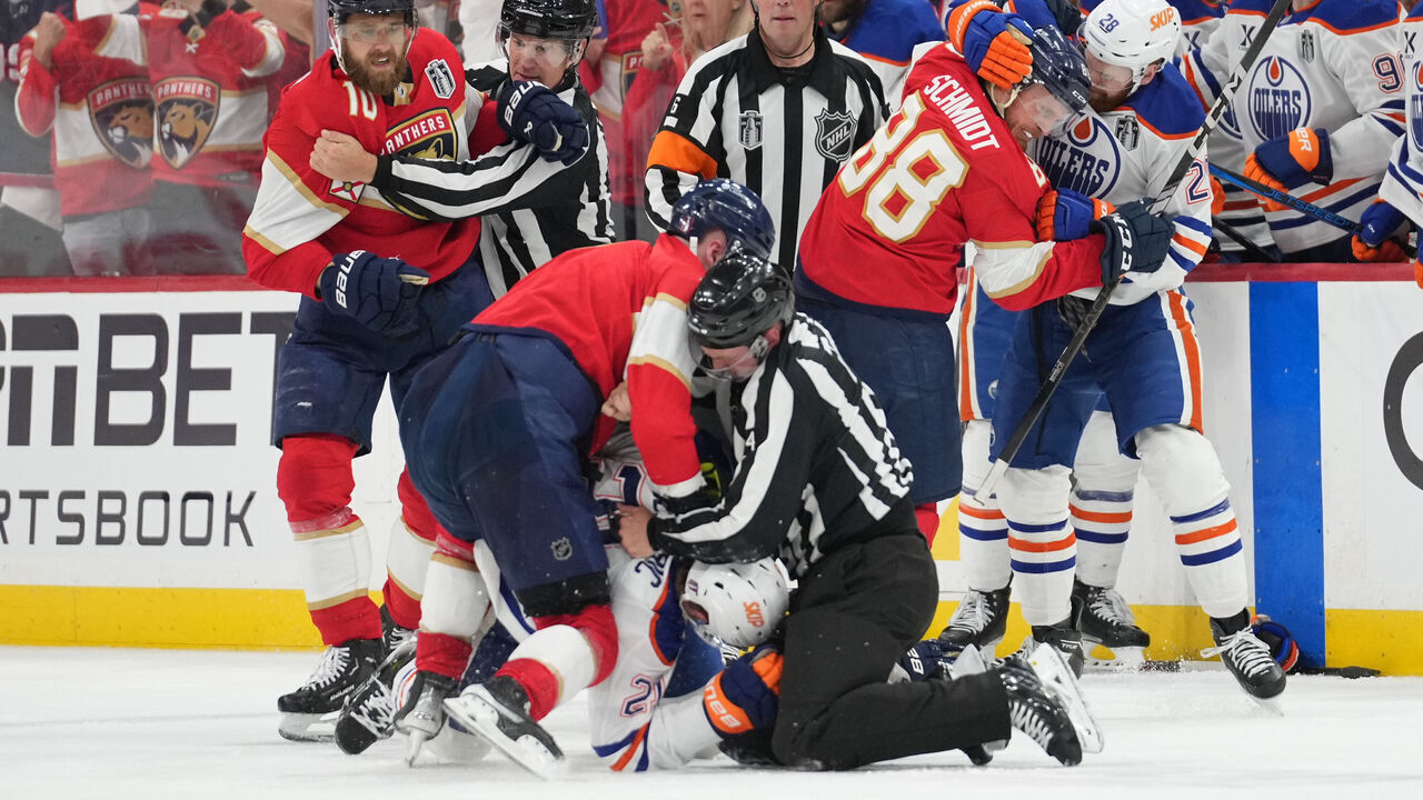 SUNRISE, FL - JUNE 09: fights break out all over the ice in the third period during game three of the Stanley Cup Finals between the Edmonton Oilers and the Florida Panthers on June 9, 2025 at Amerant Bank Arena, FL.