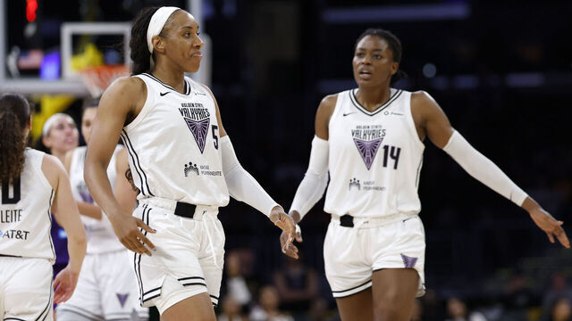 LOS ANGELES, CALIFORNIA - JUNE 09: Kayla Thornton #5 of the Golden State Valkyries reacts to her three pointer with Temi Fagbenle #14 during an 89-81 overtime win over the Los Angeles Sparks at Crypto.com Arena on June 09, 2025 in Los Angeles, California.