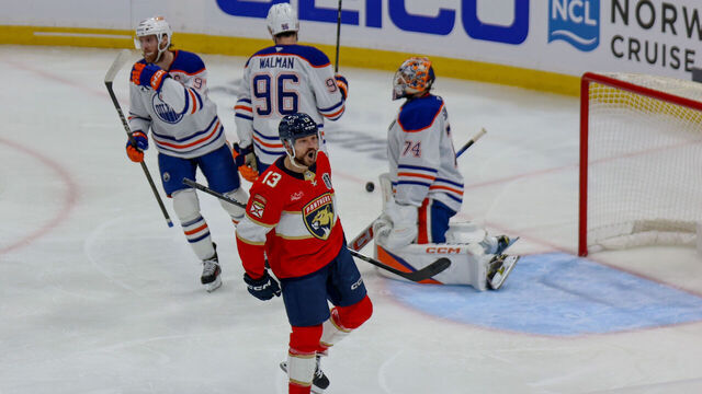 SUNRISE, FL - JUNE 09: Florida Panthers Center Sam Reinhart (13) celebrates a goal during the Stanley Cup Final game three between the Edmonton Oilers and the Florida Panthers on June 9, 2025 at Amerant Bank Arena in Sunrise, Fla.