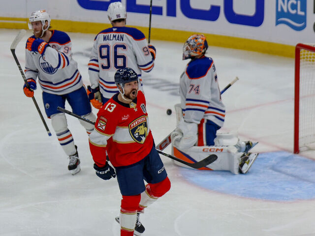 SUNRISE, FL - JUNE 09: Florida Panthers Center Sam Reinhart (13) celebrates a goal during the Stanley Cup Final game three between the Edmonton Oilers and the Florida Panthers on June 9, 2025 at Amerant Bank Arena in Sunrise, Fla.