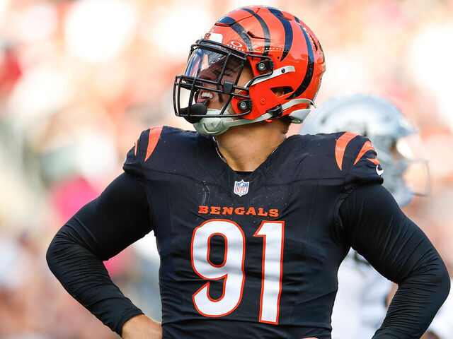 CINCINNATI, OHIO - NOVEMBER 3: Trey Hendrickson #91 of the Cincinnati Bengals reacts during the second half of a game against the Las Vegas Raiders at Paycor Stadium on November 3, 2024 in Cincinnati, Ohio.