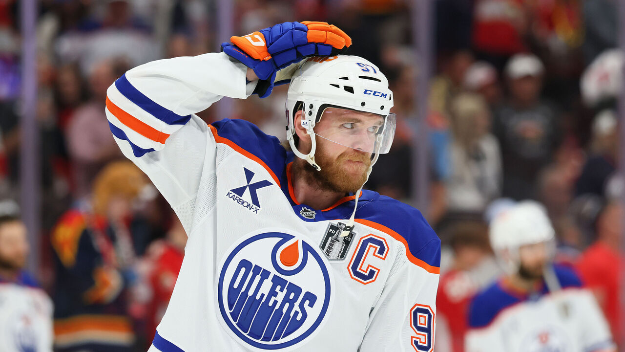 SUNRISE, FLORIDA - JUNE 09: Connor McDavid #97 of the Edmonton Oilers warms up before playing the Florida Panthers in Game Three of the 2025 Stanley Cup Final at Amerant Bank Arena on June 09, 2025 in Sunrise, Florida.