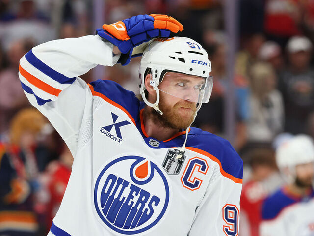 SUNRISE, FLORIDA - JUNE 09: Connor McDavid #97 of the Edmonton Oilers warms up before playing the Florida Panthers in Game Three of the 2025 Stanley Cup Final at Amerant Bank Arena on June 09, 2025 in Sunrise, Florida.
