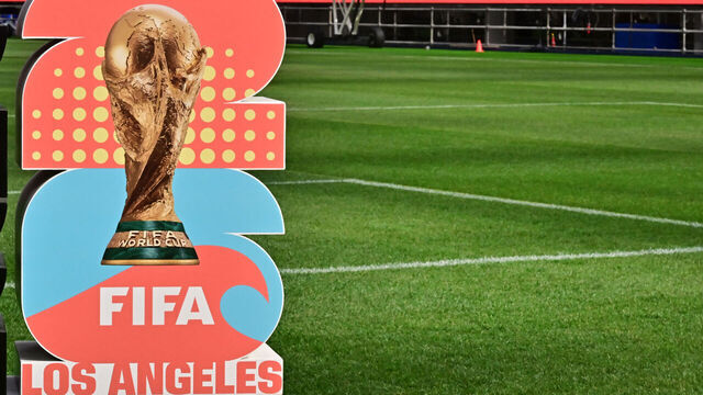 The official logo for Los Angeles as host of a number of matches for the 2026 World Cup as the new test pitch at Sofi Stadium is revealed to the media in Inglewood, California on March 13, 2025. The pitch will be used for the upcoming Concacaf Nations League semifinals on March 20 when the US play Panama and Canada plays Mexico.