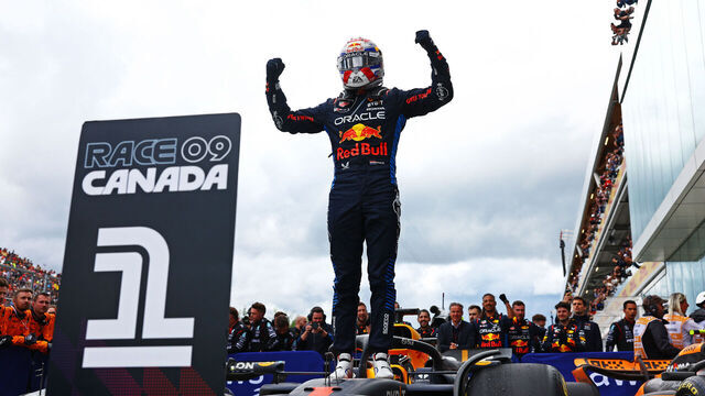 MONTREAL, QUEBEC - JUNE 09: Race winner Max Verstappen of the Netherlands and Oracle Red Bull Racing celebrates in parc ferme during the F1 Grand Prix of Canada at Circuit Gilles Villeneuve on June 09, 2024 in Montreal, Quebec.