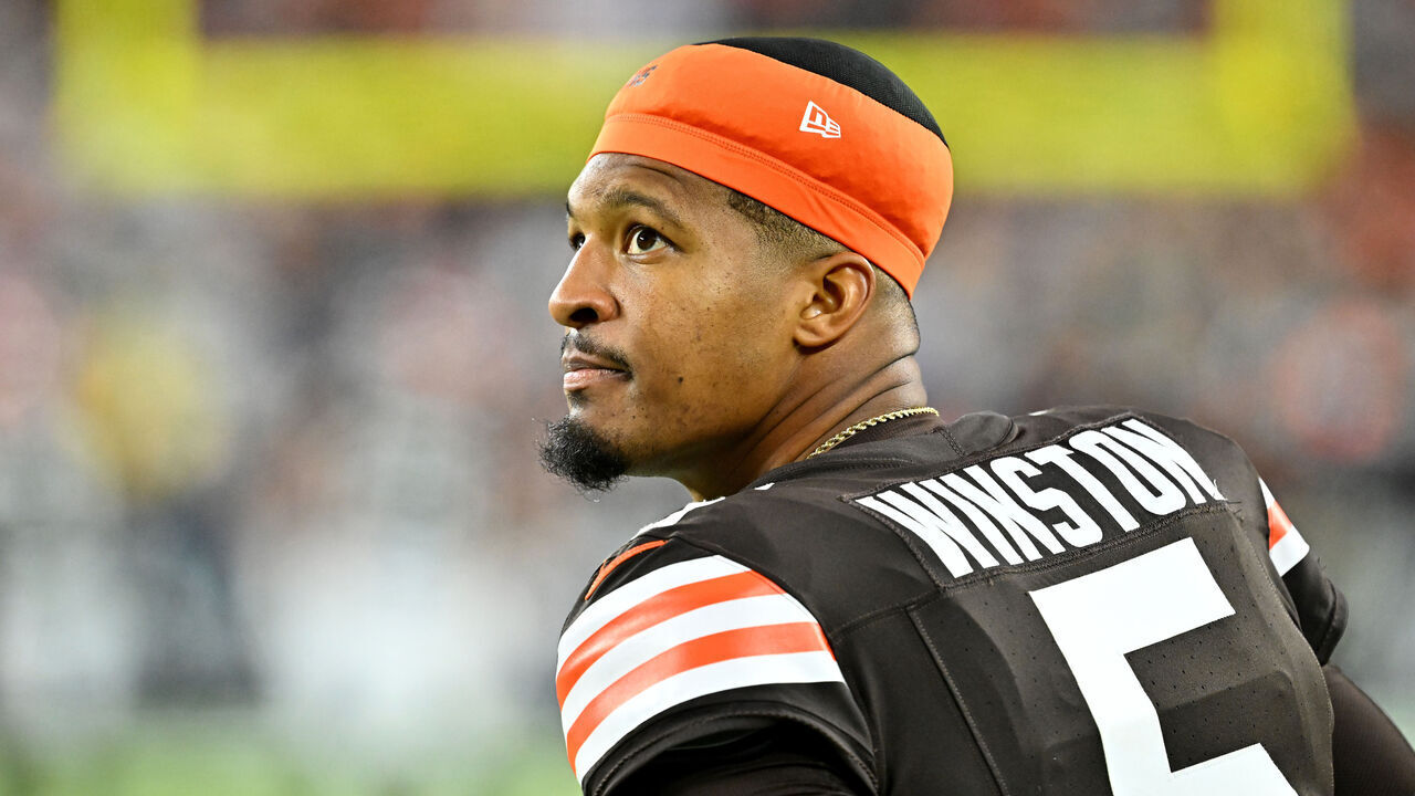 CLEVELAND, OHIO - DECEMBER 29: Jameis Winston #5 of the Cleveland Browns looks on during the second quarter against the Miami Dolphins at Huntington Bank Field on December 29, 2024 in Cleveland, Ohio.