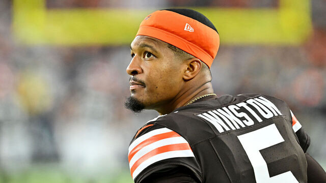 CLEVELAND, OHIO - DECEMBER 29: Jameis Winston #5 of the Cleveland Browns looks on during the second quarter against the Miami Dolphins at Huntington Bank Field on December 29, 2024 in Cleveland, Ohio.