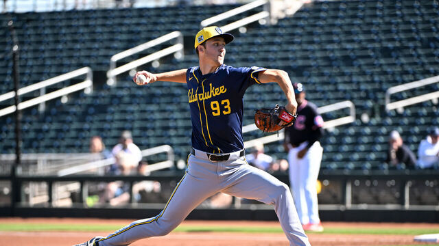 GOODYEAR, ARIZONA - FEBRUARY 25, 2025: Jacob Misiorowski #93 of the Milwaukee Brewers throws a pitch during the first inning of a spring training game against the Cleveland Guardians at Goodyear Ballpark on February 25, 2025 in Goodyear, Arizona.