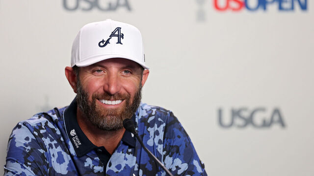 OAKMONT, PENNSYLVANIA - JUNE 09: Dustin Johnson of the United States speaks to the media during a practice round prior to the 125th U.S. OPEN at Oakmont Country Club on June 09, 2025 in Oakmont, Pennsylvania.