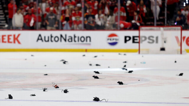 SUNRISE, FLORIDA - JUNE 09: Fans throw rats onto the ice after the Florida Panthers beat the Edmonton Oilers 6-1 in Game Three of the 2025 Stanley Cup Final at Amerant Bank Arena on June 09, 2025 in Sunrise, Florida.