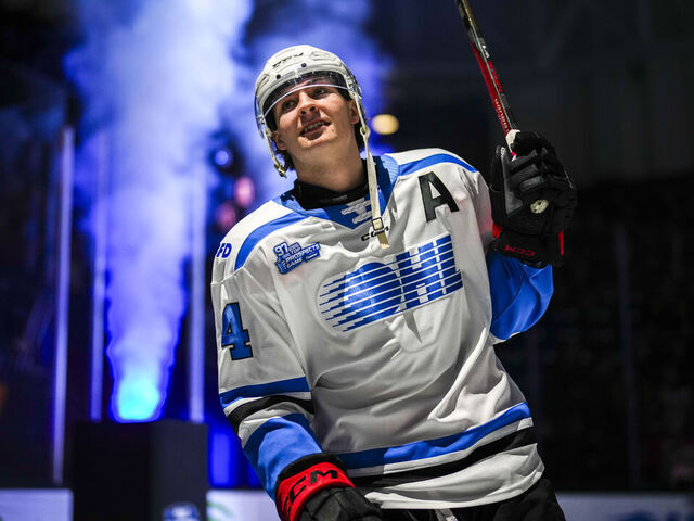 BRANTFORD, CANADA - JANUARY 15: Brady Martin #44 of the Saginaw Spirit during the game between the OHL East and OHL West conferences during the Connor McDavid OHL Top Prospects Game at Brantford & District Civic Centre on January 15, 2025 in Brantford, Canada.