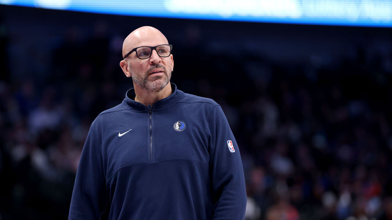 DALLAS, TEXAS - JANUARY 11: Head coach Jason Kidd of the Dallas Mavericks watches play in the second half against the New York Knicks at American Airlines Center on January 11, 2024 in Dallas, Texas.