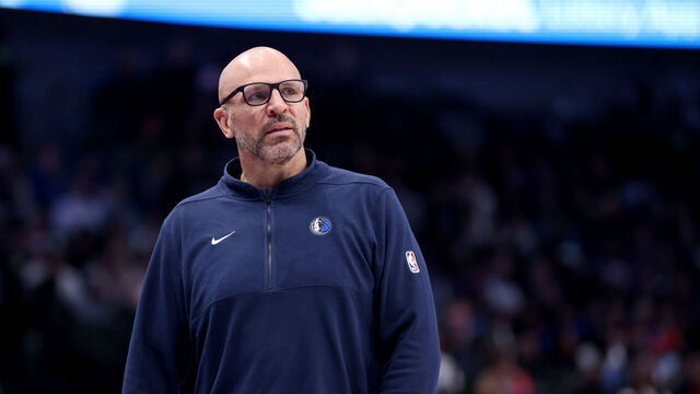 DALLAS, TEXAS - JANUARY 11: Head coach Jason Kidd of the Dallas Mavericks watches play in the second half against the New York Knicks at American Airlines Center on January 11, 2024 in Dallas, Texas.