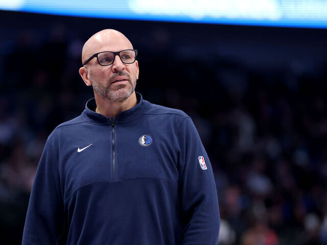 DALLAS, TEXAS - JANUARY 11: Head coach Jason Kidd of the Dallas Mavericks watches play in the second half against the New York Knicks at American Airlines Center on January 11, 2024 in Dallas, Texas.