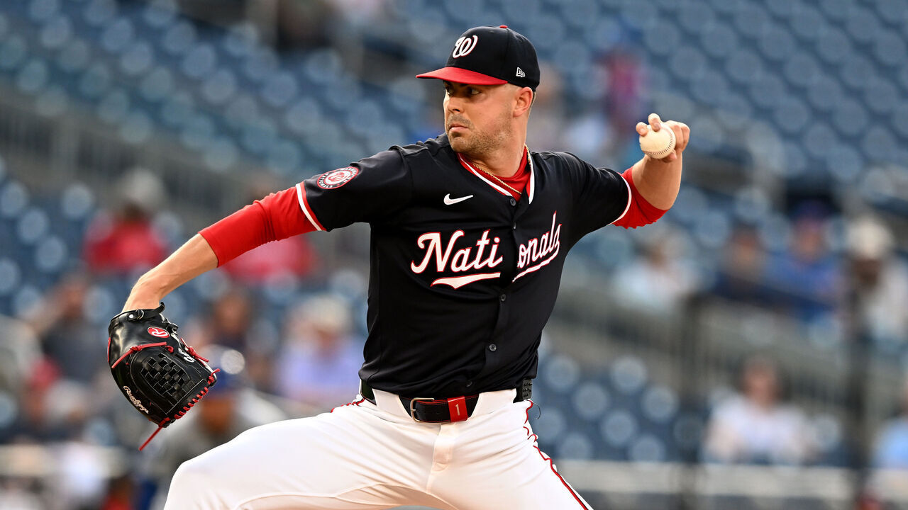 WASHINGTON, DC - JUNE 04: MacKenzie Gore #1 of the Washington Nationals pitches against the Chicago Cubs at Nationals Park on June 04, 2025 in Washington, DC.