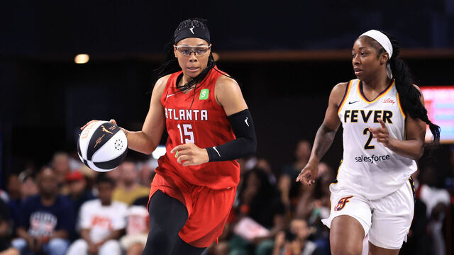ATLANTA, GA - JUNE 10: Allisha Gray #15 of the Atlanta Dream dribbles the ball during the game against the Indiana Fever during a WNBA Commissioner's Cup Game on June 10, 2025 at Gateway Center Arena at College Park in Atlanta, Georgia. Mandatory Copyright Notice: Copyright 2025 NBAE