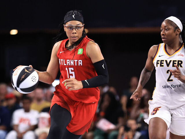 ATLANTA, GA - JUNE 10: Allisha Gray #15 of the Atlanta Dream dribbles the ball during the game against the Indiana Fever during a WNBA Commissioner's Cup Game on June 10, 2025 at Gateway Center Arena at College Park in Atlanta, Georgia. Mandatory Copyright Notice: Copyright 2025 NBAE