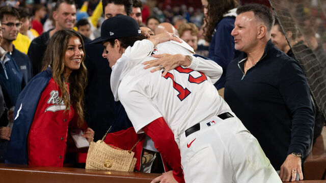 BOSTON, MA - JUNE 10: Roman Anthony #19 of the Boston Red Sox celebrates with family after hitting his first Major League Baseball career base hit after the game between the Tampa Bay Rays and the Boston Red Sox at Fenway Park on Tuesday, June 10, 2025 in Boston, Massachusetts.