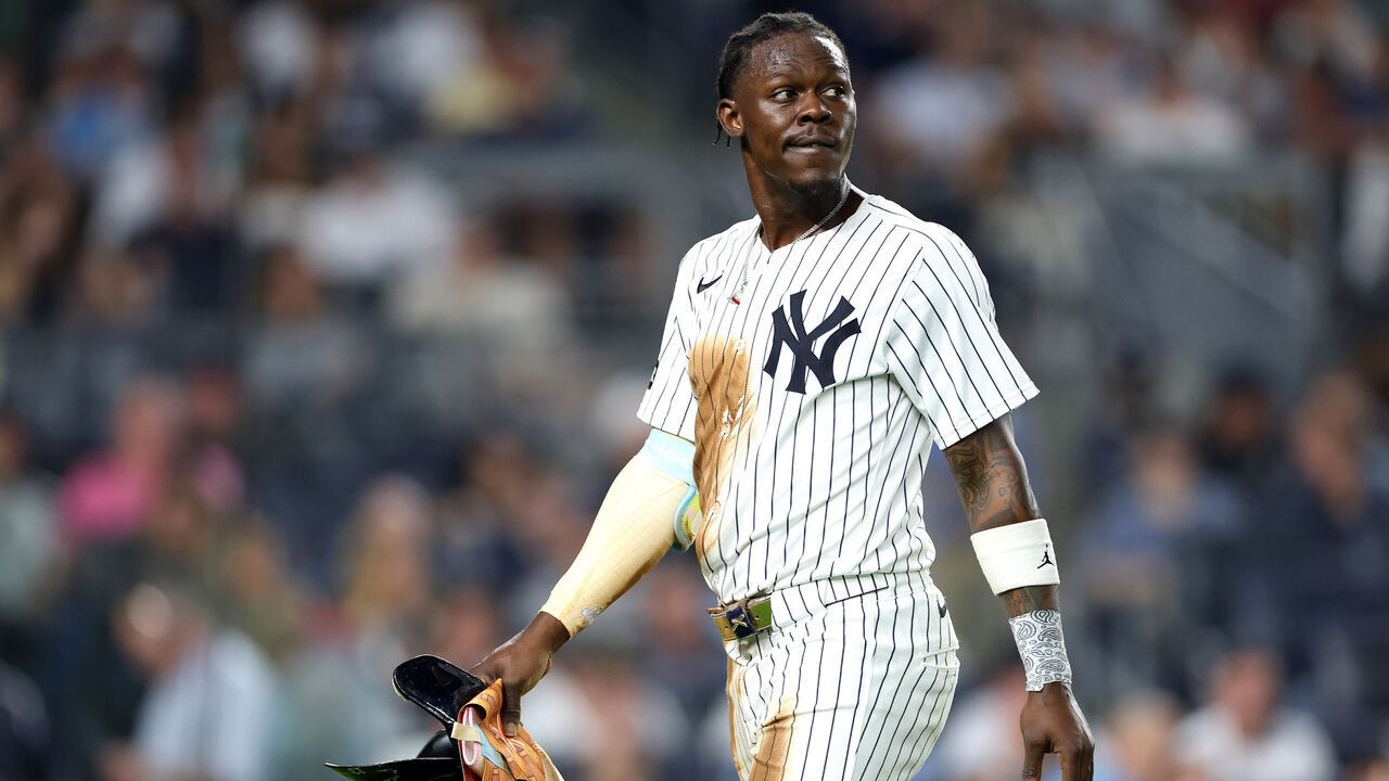 NEW YORK, NEW YORK - JUNE 06: Jazz Chisholm Jr. #13 of the New York Yankees looks on against the Boston Red Sox at Yankee Stadium on June 06, 2025 in the Bronx borough of New York City.