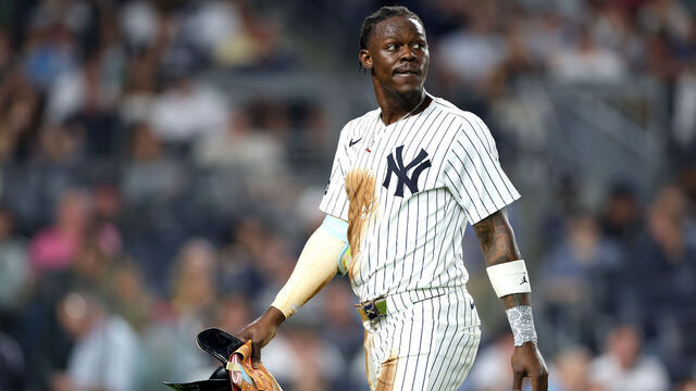 NEW YORK, NEW YORK - JUNE 06: Jazz Chisholm Jr. #13 of the New York Yankees looks on against the Boston Red Sox at Yankee Stadium on June 06, 2025 in the Bronx borough of New York City.