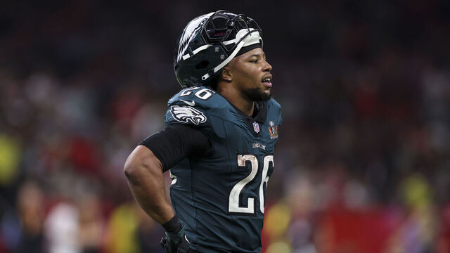NEW ORLEANS, LOUISIANA - FEBRUARY 09: Saquon Barkley #26 of the Philadelphia Eagles looks on during Super Bowl LIX against the Kansas City Chiefs at Caesars Superdome on February 09, 2025, in New Orleans, Louisiana. The Eagles defeated the Chiefs 40-22. (Kara Durrette/Getty Images)