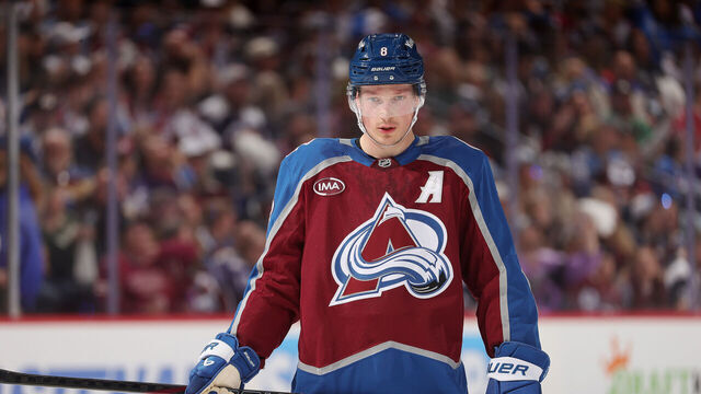 DENVER, COLORADO - APRIL 26: Cale Makar #8 of the Colorado Avalanche awaits a faceoff during the first period against the Dallas Stars in Game Four of the First Round of the 2025 Stanley Cup Playoffs at Ball Arena on April 26, 2025 in Denver, Colorado.