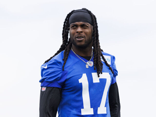 WOODLAND HILLS, CALIFORNIA - MAY 28: Davante Adams #17 of the Los Angeles Rams walks off the field during an OTA offseason workout on May 28, 2025 in Woodland Hills, California.