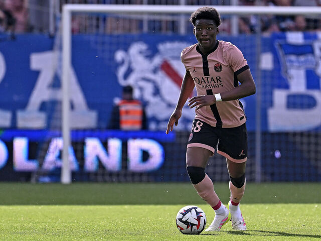 STRASBOURG, FRANCE - MAY 03: Axel Tape of Paris Saint-Germain runs with the ball during the Ligue 1 match between RC Strasbourg Alsace and Paris Saint-Germain FC at Stade De La Meinau on May 03, 2025 in Strasbourg, France.