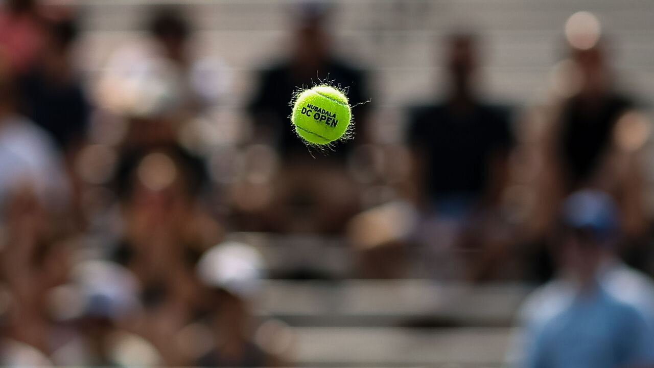 WASHINGTON, DC - JULY 30: A general view of the tennis ball with the Mubadala DC Open logo during the match between Sebastian Korda and Cristin Garin on day 4 of the Mubadala Citi DC Open 2024 at William H.G. FitzGerald Tennis Center on July 30, 2024 in Washington, DC.