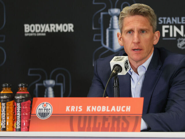 SUNRISE, FLORIDA - JUNE 09: Head coach Kris Knoblauch of the Edmonton Oilers speaks with the media following playing against the Florida Panthers during Game Three of the 2025 NHL Stanley Cup Final at Amerant Bank Arena on June 09, 2025 in Sunrise, Florida.