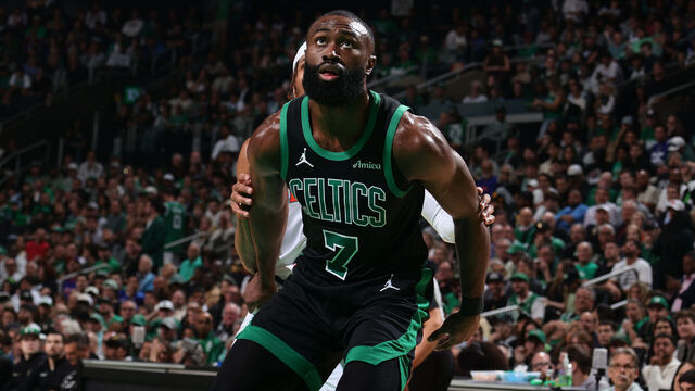BOSTON, MA - MAY 14: Jaylen Brown #7 of the Boston Celtics plays defense during the game against the New York Knicks during Round Two Game Five of the 2025 NBA Playoffs on May 14, 2025 at TD Garden in Boston, Massachusetts. NOTE TO USER: User expressly acknowledges and agrees that, by downloading and/or using this Photograph, user is consenting to the terms and conditions of the Getty Images License Agreement. Mandatory Copyright Notice: Copyright 2025 NBAE