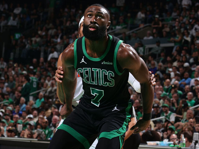 BOSTON, MA - MAY 14: Jaylen Brown #7 of the Boston Celtics plays defense during the game against the New York Knicks during Round Two Game Five of the 2025 NBA Playoffs on May 14, 2025 at TD Garden in Boston, Massachusetts. NOTE TO USER: User expressly acknowledges and agrees that, by downloading and/or using this Photograph, user is consenting to the terms and conditions of the Getty Images License Agreement. Mandatory Copyright Notice: Copyright 2025 NBAE