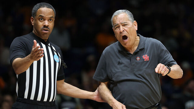 INDIANAPOLIS, INDIANA - MARCH 28: Head coach Kelvin Sampson of the Houston Cougars speaks to a referee during the first half against the Purdue Boilermakers in the Midwest Regional Sweet Sixteen round of the NCAA Men's Basketball Tournament at Lucas Oil Stadium on March 28, 2025 in Indianapolis, Indiana.