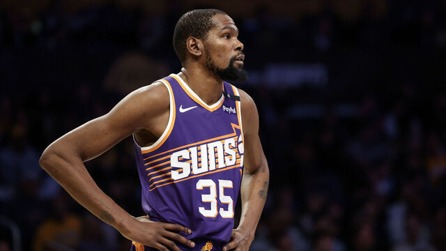 LOS ANGELES, CALIFORNIA - MARCH 16: Kevin Durant #35 of the Phoenix Suns looks on in the first half against the Los Angeles Lakers at Crypto.com Arena on March 16, 2025 in Los Angeles, California.
