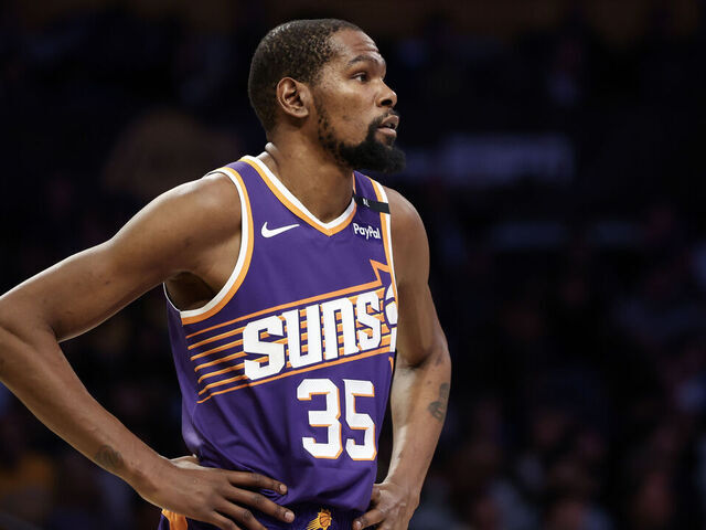 LOS ANGELES, CALIFORNIA - MARCH 16: Kevin Durant #35 of the Phoenix Suns looks on in the first half against the Los Angeles Lakers at Crypto.com Arena on March 16, 2025 in Los Angeles, California.