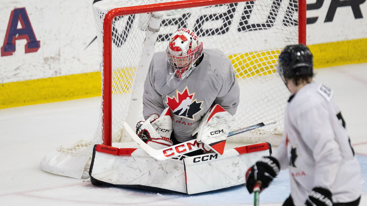 PLYMOUTH, MI - AUGUST 2: Joshua Ravensbergen #31 of Team Canada makes a save during the 2024 World Junior Summer Showcase between Finland and Canada at USA Hockey Arena on August 2, 2024 in Plymouth, Michigan.