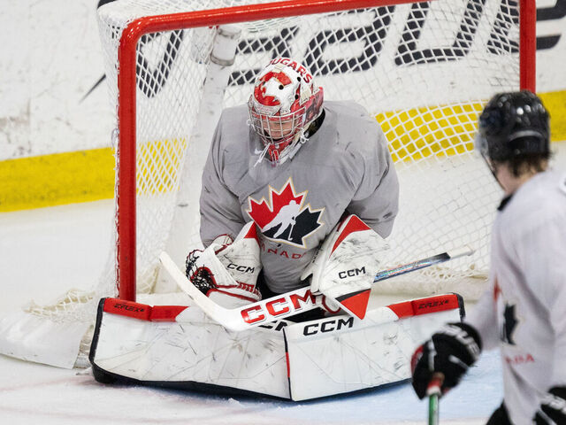 PLYMOUTH, MI - AUGUST 2: Joshua Ravensbergen #31 of Team Canada makes a save during the 2024 World Junior Summer Showcase between Finland and Canada at USA Hockey Arena on August 2, 2024 in Plymouth, Michigan.