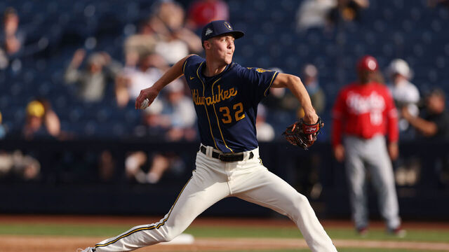PHOENIX, AZ - MARCH 16: Jacob Misiorowski #38 of the Milwaukee Brewers pitches during the game between the Cincinnati Reds and the Milwaukee Brewers at American Family Fields of Phoenix on Sunday, March 16, 2025 in Phoenix, Arizona.