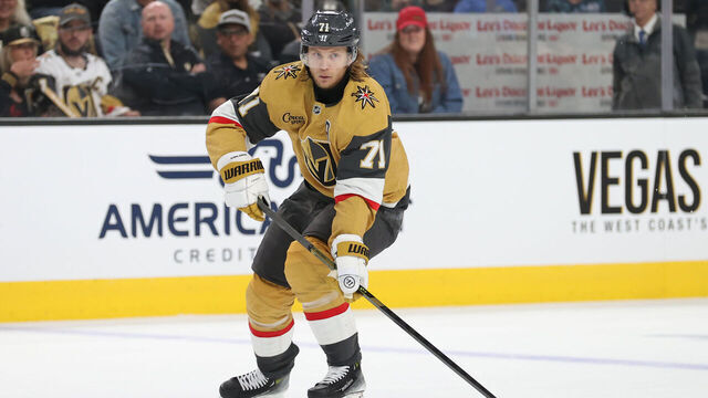 LAS VEGAS, NEVADA - MAY 06: William Karlsson #71 of the Vegas Golden Knights skates during the second period of Game One of the Second Round of the 2025 Stanley Cup Playoffs against the Edmonton Oilers at T-Mobile Arena on May 06, 2025 in Las Vegas, Nevada.