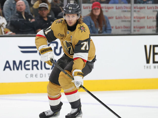 LAS VEGAS, NEVADA - MAY 06: William Karlsson #71 of the Vegas Golden Knights skates during the second period of Game One of the Second Round of the 2025 Stanley Cup Playoffs against the Edmonton Oilers at T-Mobile Arena on May 06, 2025 in Las Vegas, Nevada.