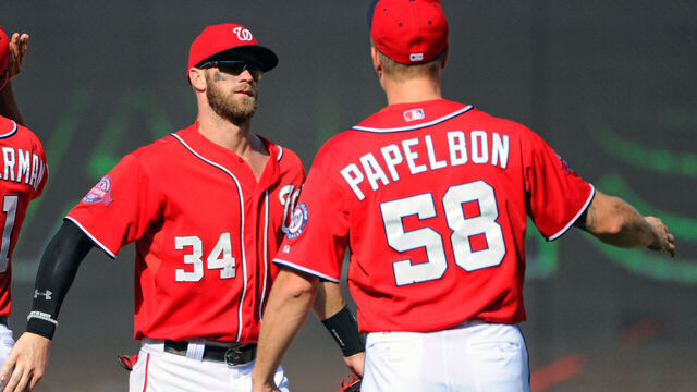 23 August 2015: Washington Nationals relief pitcher Jonathan Papelbon (58) is congratulated by right fielder Bryce Harper (34) after pitching against the Milwaukee Brewers at Nationals Park in Washington, D.C. where the Washington Nationals defeated the Milwaukee Brewers, 9-5.