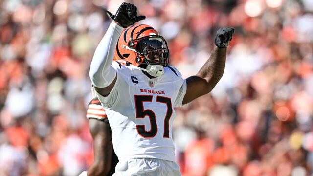 CLEVELAND, OHIO - OCTOBER 20: Germaine Pratt #57 of the Cincinnati Bengals celebrates during the second quarter against the Cleveland Browns at Huntington Bank Field on October 20, 2024 in Cleveland, Ohio.