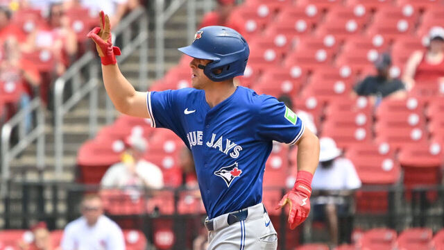 ST. LOUIS, MO - JUNE 11: Ernie Clement #22 of the Toronto Blue Jays celebrates as he rounds the bases after hitting a home run during the game between the Toronto Blue Jays and the St. Louis Cardinals at Busch Stadium on Wednesday, June 11, 2025 in St. Louis, Missouri.